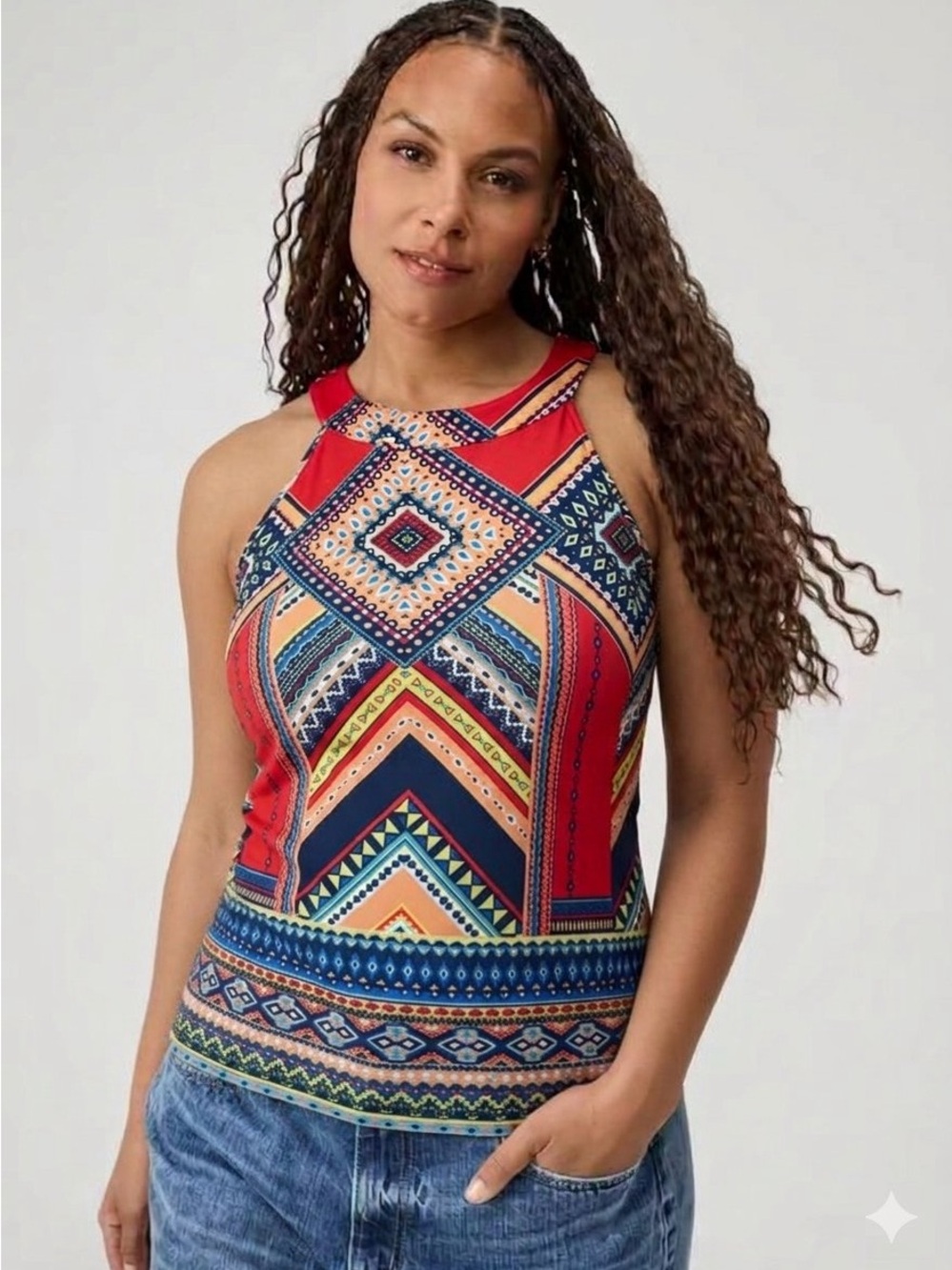 love J Multicolor Geometric Halter Tank Top - Red, Navy, Yellow